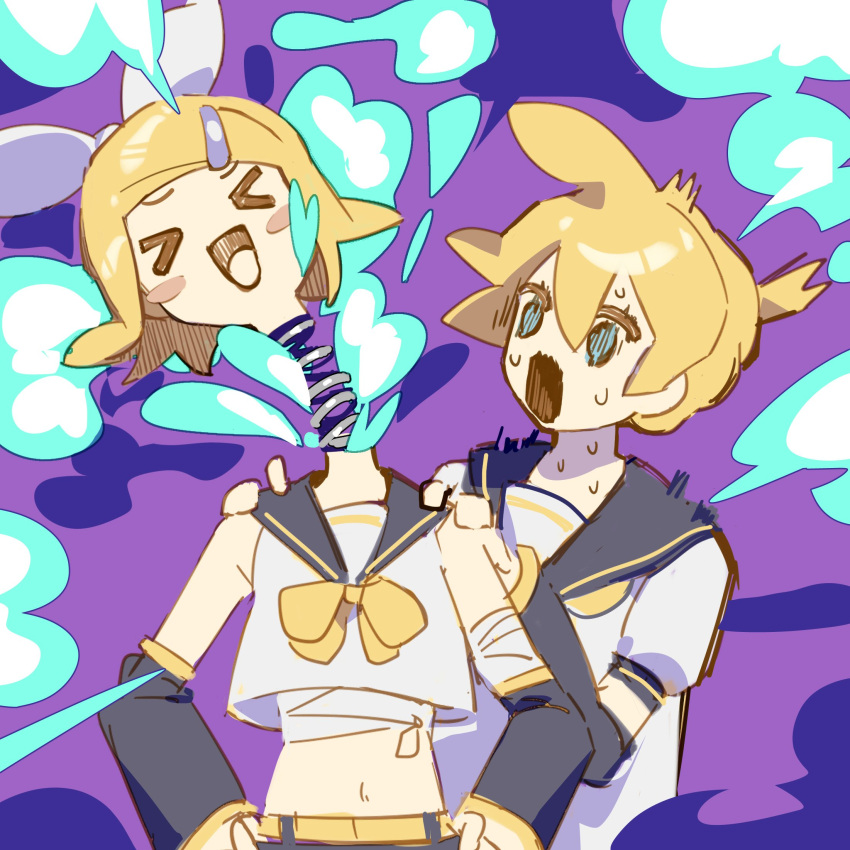 &gt;_&lt; 1boy 1girl aqua_eyes bandaged_arm bandaged_chest bandages bare_shoulders black_sailor_collar blonde_hair blush_stickers bow chi_ya commentary crop_top disembodied_head flinch hair_bow halloween hands_on_another's_shoulders hands_on_hips heart highres kagamine_len kagamine_rin midriff navel neckerchief open_mouth purple_background sailor_collar scared shirt short_hair short_ponytail smile smoke spiky_hair spring_(object) surprised sweat sweating_profusely symbol-only_commentary twins upper_body vocaloid what white_bow white_shirt yellow_neckerchief