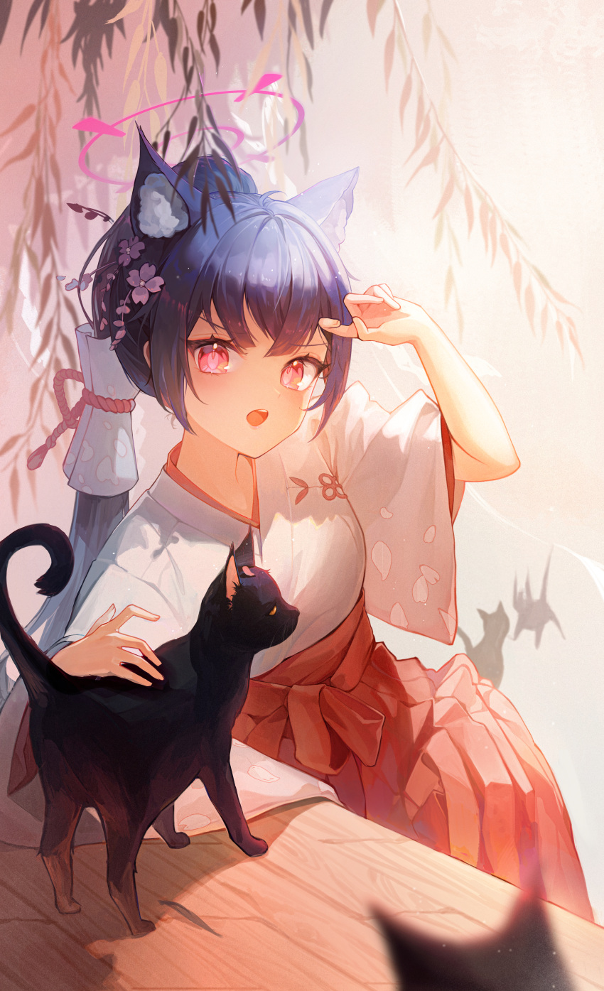 1girl absurdres animal animal_ear_fluff animal_ears bangs bare_tree black_cat black_hair blue_archive blurry blurry_foreground blush branch cat cat_ears hair_ornament hakama hakama_skirt halo happyongdal highres japanese_clothes kimono long_hair looking_at_viewer miko open_mouth outdoors ponytail red_eyes red_hakama serika_(blue_archive) serika_(new_year)_(blue_archive) sitting skirt solo tree white_kimono wide_sleeves