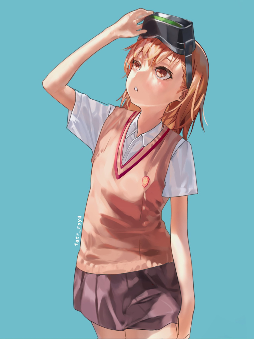 1girl aqua_background arm_up artist_name bangs brown_eyes brown_hair brown_sweater_vest collared_shirt fatr_rsyd feet_out_of_frame grey_skirt head-mounted_display highres looking_up misaka_mikoto open_mouth pleated_skirt school_uniform shirt short_hair short_sleeves simple_background skirt solo standing sweater_vest toaru_majutsu_no_index tokiwadai_school_uniform white_shirt