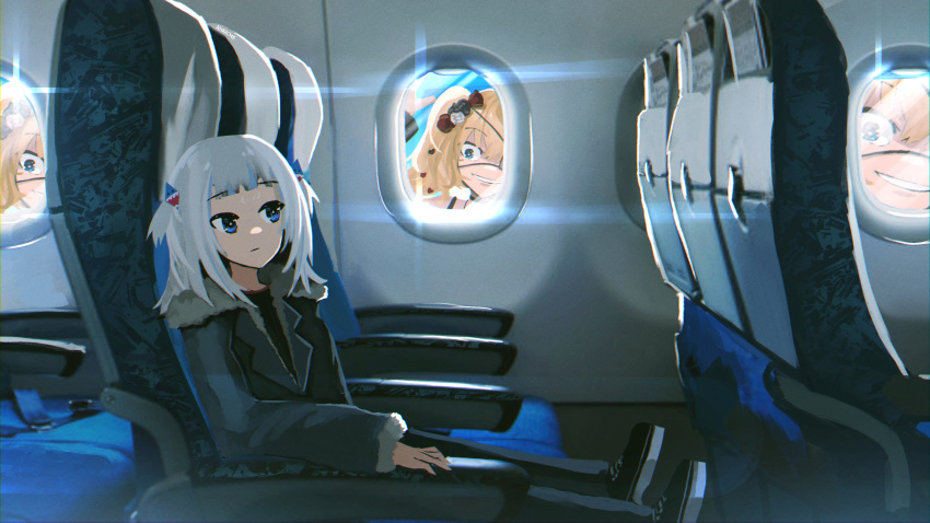 2girls advarcher against_glass aircraft airplane airplane_interior akai_haato bangs blonde_hair blue_coat blue_jacket blunt_bangs coat eyepatch gawr_gura highres hololive hololive_english jacket multiple_girls shoes sitting smile sneakers virtual_youtuber white_hair window