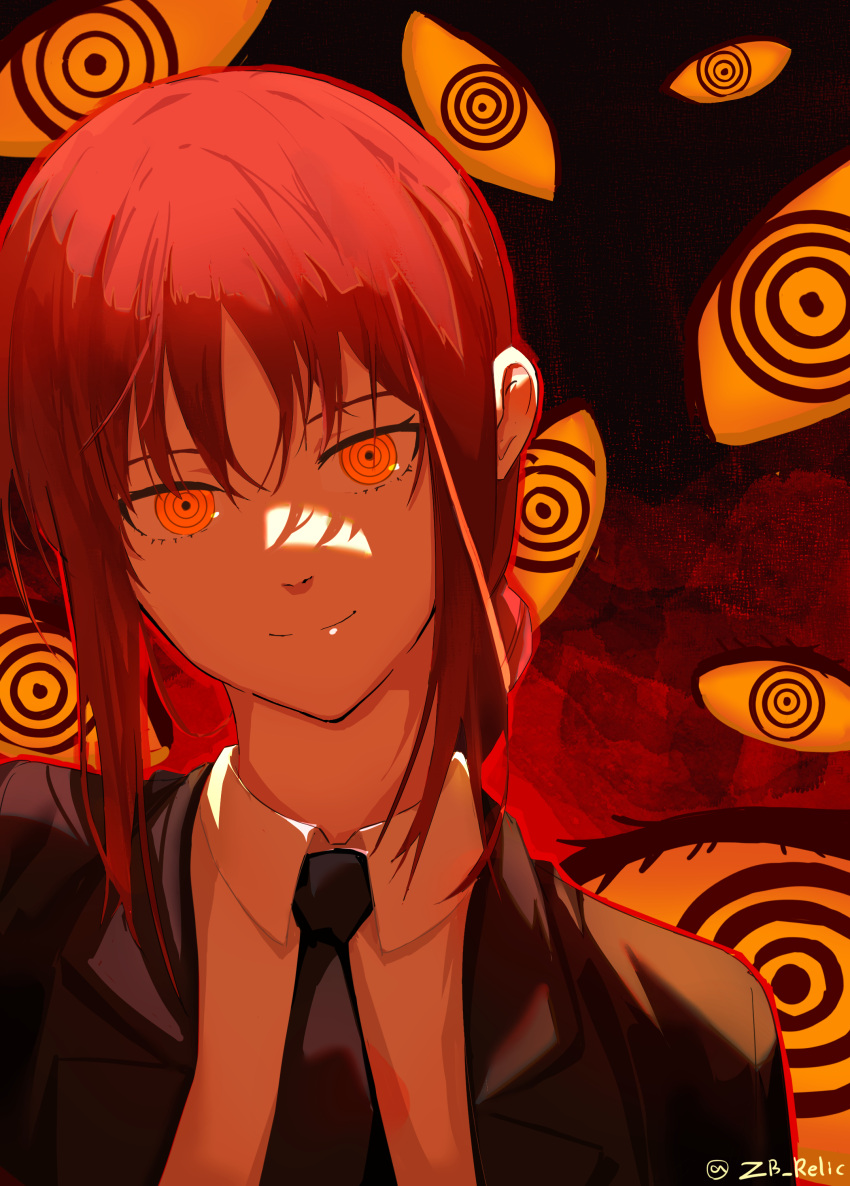 1girl absurdres bangs black_jacket black_necktie chainsaw_man collared_shirt commentary english_commentary head_tilt highres jacket looking_at_viewer makima_(chainsaw_man) necktie red_theme redhead ringed_eyes shirt sidelocks smile solo suit_jacket twitter_username upper_body white_shirt yellow_eyes zb_relic