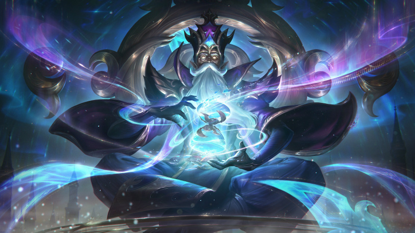 1boy absurdres beard blue_jacket blue_pants facial_hair helmet highres ice indian_style jacket league_of_legends looking_at_viewer magic male_focus mustache night official_art old old_man outdoors pants pointy_ears shoulder_plates sitting snow snowing solo white_hair wide_sleeves winterblessed_zilean yellow_eyes zilean