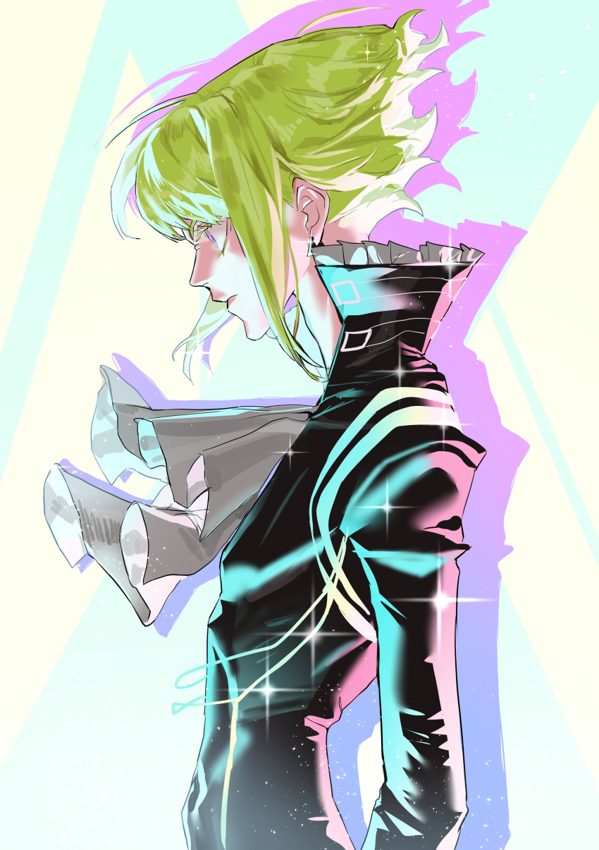 1boy absurdres androgynous ascot bangs black_jacket chamuring earrings furrowed_brow green_hair high_collar highres jacket jewelry lio_fotia male_focus open_collar profile promare short_hair sidelocks solo upper_body white_ascot wide-eyed