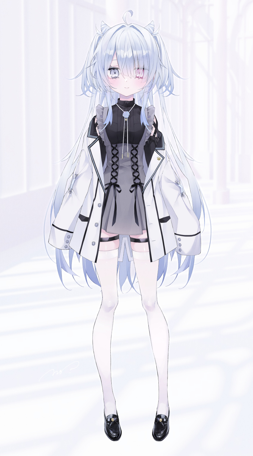 1girl absurdres ahoge black_dress black_footwear blue_hair dress full_body grey_eyes hair_over_one_eye heterochromia highres jacket jewelry light_blue_hair long_hair long_sleeves open_clothes open_jacket pink_eyes shoes si10ra sleeves_past_fingers sleeves_past_wrists solo thigh-highs two_side_up vee_(vtuber) virtual_youtuber white_jacket white_thighhighs yurikawa_yun