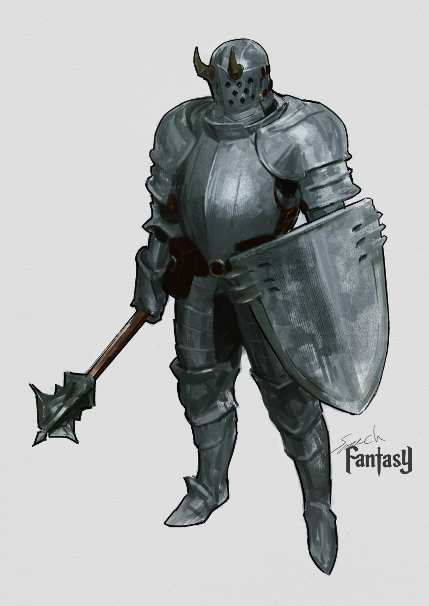1other absurdres ambiguous_gender armor armored_boots boots breastplate fake_horns full_armor full_body gauntlets grey_background helm helmet highres holding holding_shield holding_weapon horned_helmet horns mace original shield shoulder_plates simple_background sonech standing weapon