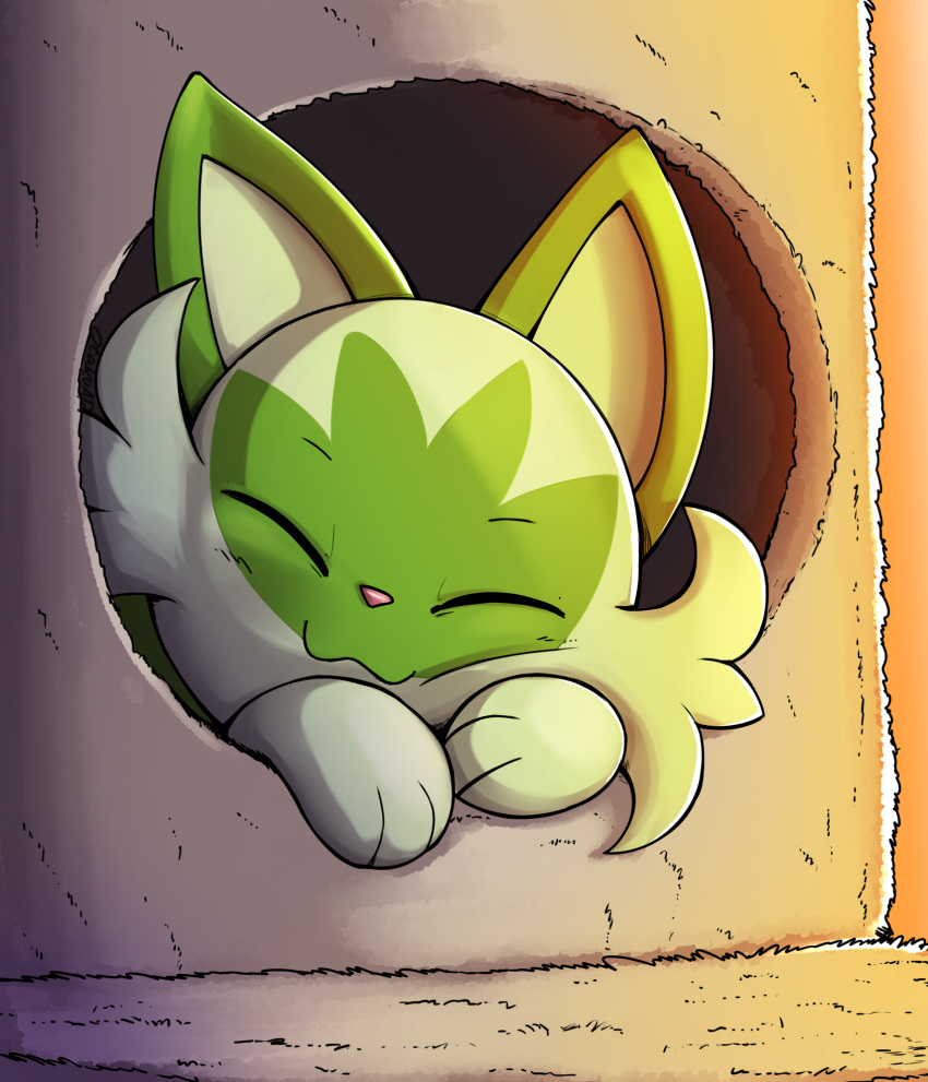 :3 closed_eyes highres light no_humans otakuap pokemon pokemon_(creature) sleeping smile solo sprigatito tagme