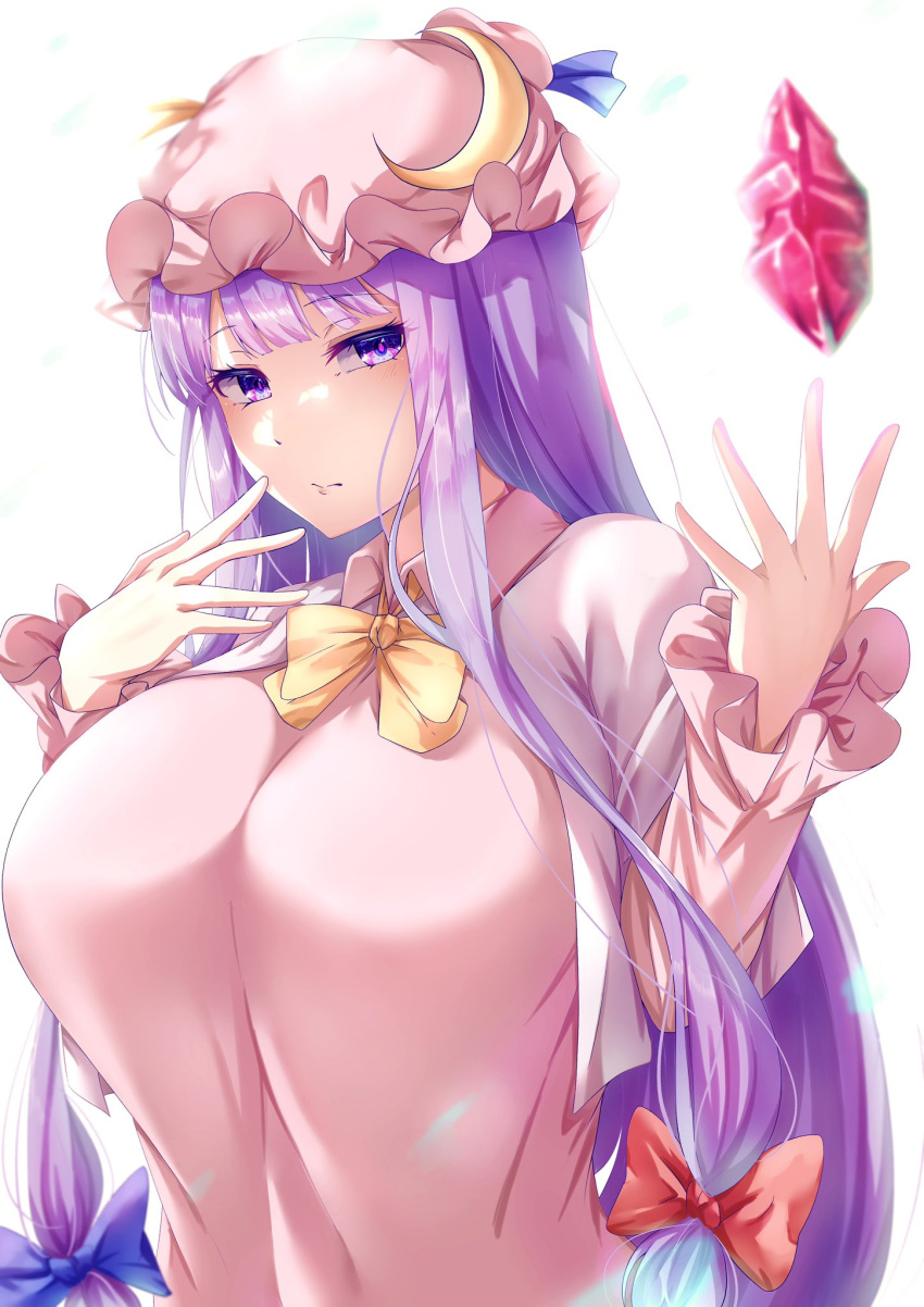 1girl bangs blunt_bangs bow bowtie breasts bun_cover double_bun dress gem hair_bun hat highres large_breasts long_hair mirufui mob_cap patchouli_knowledge purple_dress purple_hair purple_headwear red_gemstone simple_background solo touhou very_long_hair violet_eyes white_background yellow_bow yellow_bowtie