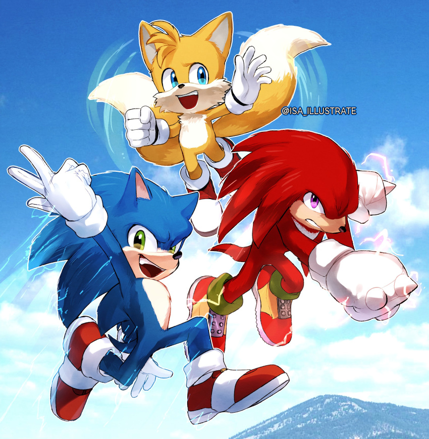 3boys :d absurdres animal_nose blue_eyes blue_sky clouds electricity flying fox_boy full_body furry furry_male gloves green_eyes highres isa-415810 jumping knuckles_the_echidna male_focus multiple_boys multiple_tails open_mouth serious shoes sky smile sonic_(series) sonic_heroes sonic_the_hedgehog sonic_the_hedgehog_2_(film) tail tails_(sonic) two_tails violet_eyes w white_gloves