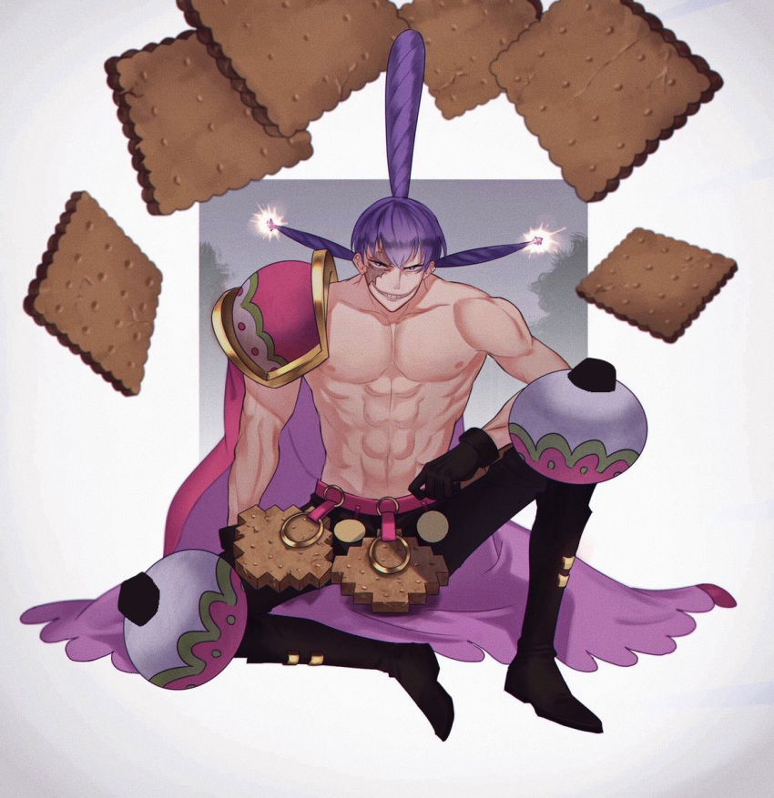 1boy abs armor bangs belt black_gloves black_pants boots border burn_scar cape charlotte_cracker collarbone cookie food full_body gloves grey_border grin happy highres knee_boots knee_up looking_at_viewer male_focus navel nipples one_piece outside_border pants pectorals purple_cape purple_hair sasamiman scar scar_across_eye scar_on_face short_hair shoulder_armor sitting smile solo sparks spread_legs stomach teeth toned topknot topless_male twintails violet_eyes
