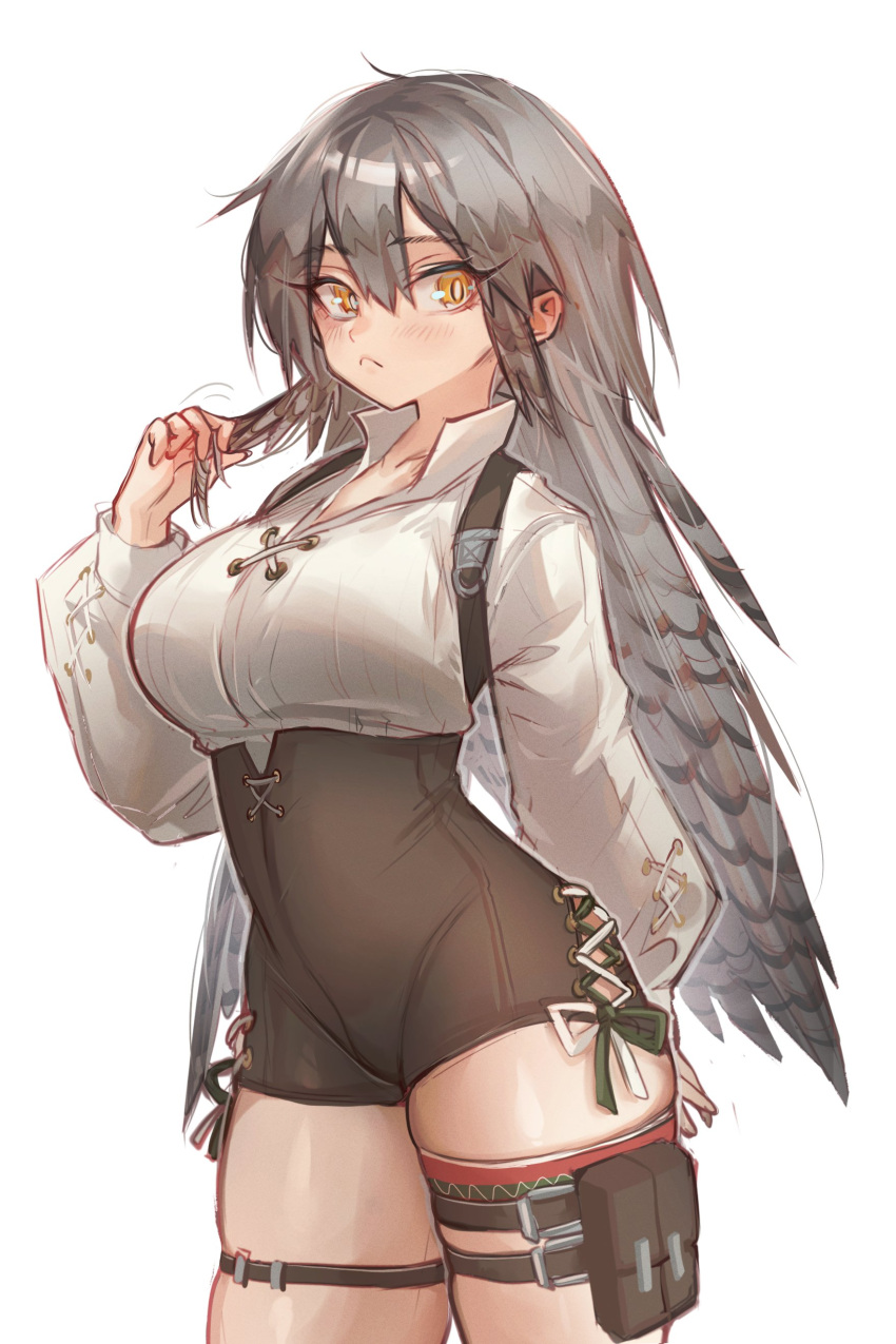 1girl absurdres arknights arm_behind_back breasts cowboy_shot fartooth_(arknights) feather_hair gauntlets green_eyes grey_hair hair_twirling high-waist_shorts highres kaguura_(kagu) large_breasts long_hair simple_background standing thigh_pouch thigh_strap