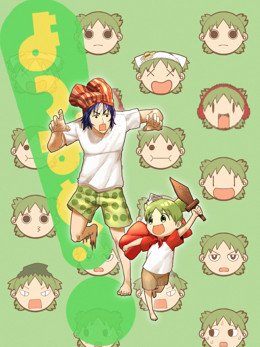 1boy 1girl blue_hair brown_shorts cape chasing commentary father_and_daughter green_background green_eyes green_hair green_shorts headphones highres idrawwhatilike koiwai_yotsuba motion_blur mr._koiwai open_mouth orange_shorts outstretched_arms pantsman paper_hat quad_tails red_cape running shirt short_hair shorts smile striped striped_shorts sword t-shirt vertical-striped_shorts vertical_stripes weapon white_shirt wooden_sword yotsubato!