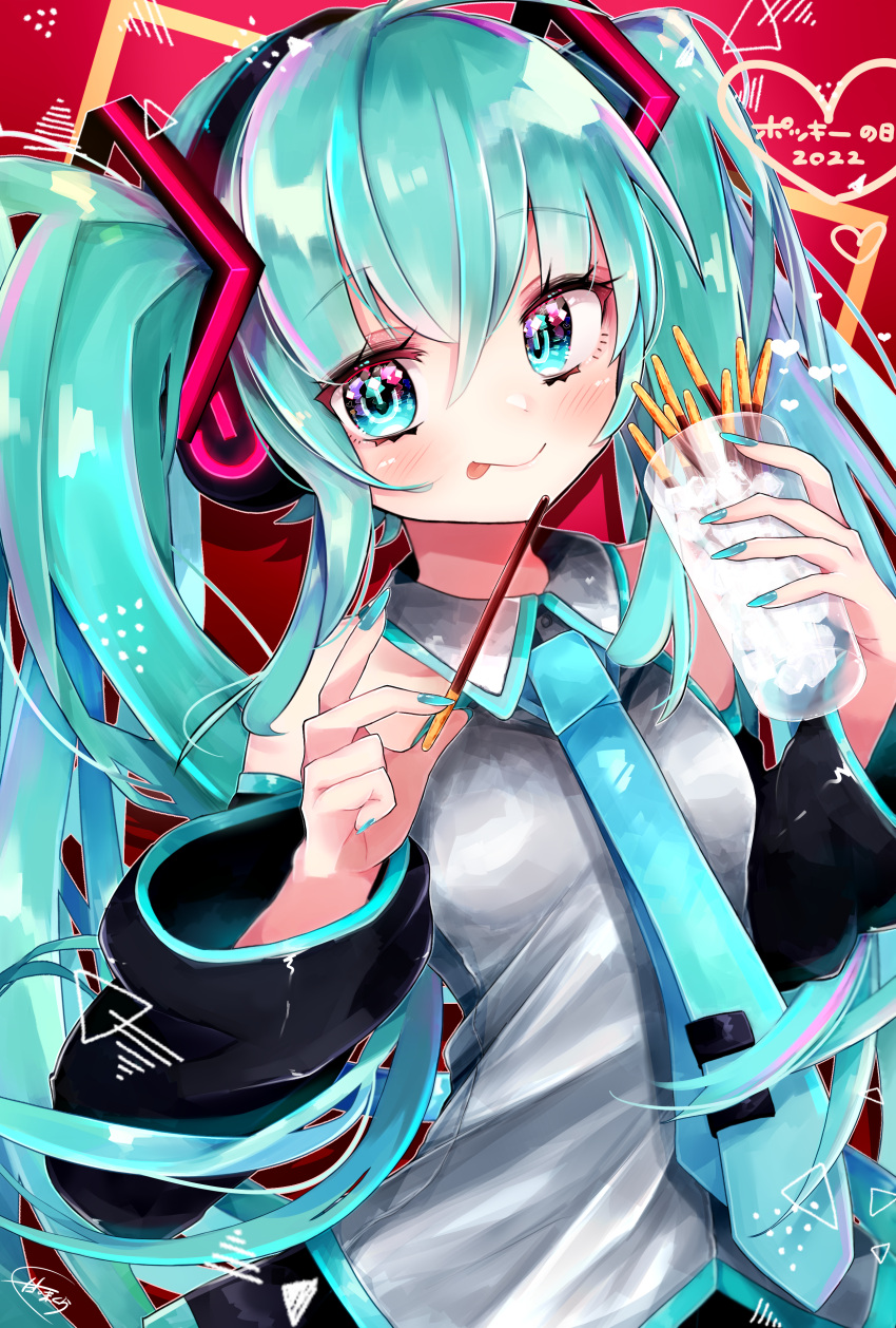 1girl absurdres aqua_eyes aqua_hair aqua_necktie bangs cup detached_sleeves food hatsune_miku headset highres holding holding_cup koyubisennti long_hair looking_at_viewer nail_polish necktie pocky pocky_day smile tongue tongue_out twintails very_long_hair vocaloid