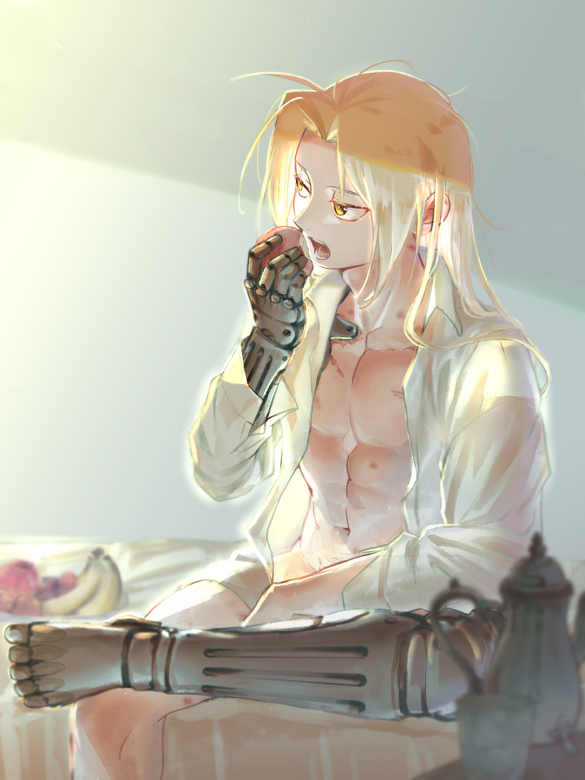 apple banana bed blonde_hair chisan_(chisan_chishou) dress eating edward_elric food fruit fullmetal_alchemist glass highres long_hair open_clothes plate table teapot white_dress yellow_eyes