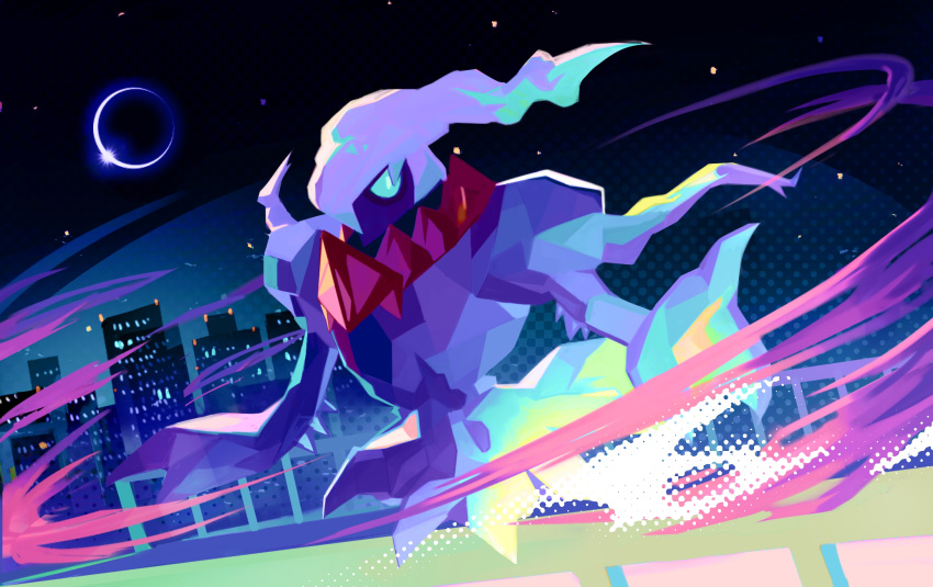 =_(9_yawbus) bright_pupils cityscape commentary_request darkrai eclipse energy full_body green_eyes highres looking_at_viewer moon night no_humans outdoors pokemon pokemon_(creature) sky solo white_pupils