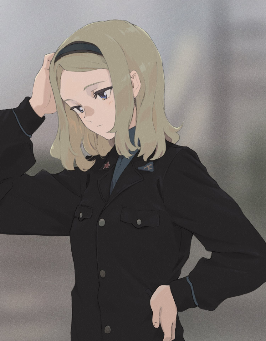 1girl aleksandra_i._pokryshkin arm_up bangs black_jacket blonde_hair blue_eyes blue_hairband blurry blurry_background brave_witches breast_pocket buttons closed_mouth expressionless forehead hairband half-closed_eyes hand_on_hip hand_on_own_head highres jacket lapels long_sleeves medium_hair military military_uniform parted_bangs pocket red_star scratching_head shiratama_(hockey) sidelocks solo star_(symbol) uniform upper_body world_witches_series
