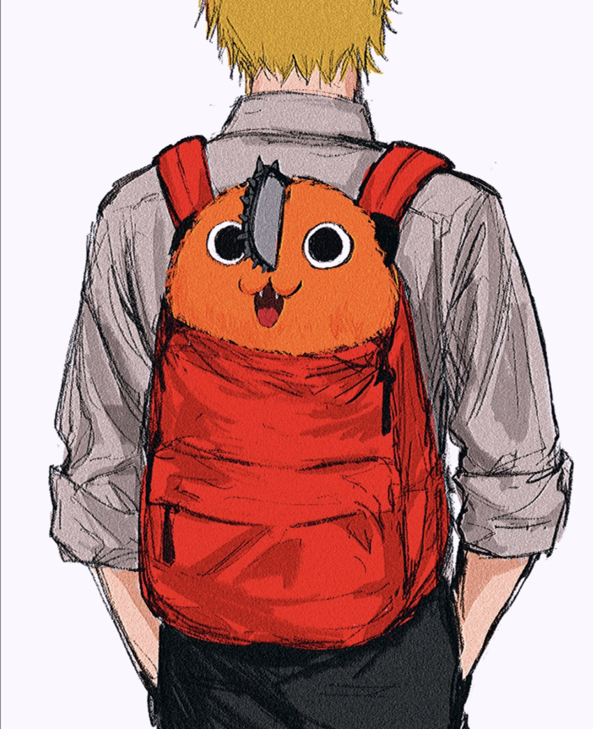 1boy backpack bag blonde_hair chainsaw chainsaw_man collared_shirt denji_(chainsaw_man) fangs hands_in_pockets highres in_bag in_container looking_at_viewer looking_away open_mouth pochita_(chainsaw_man) raberu_ruru red_bag shirt short_hair simple_background sleeves_rolled_up white_background white_shirt