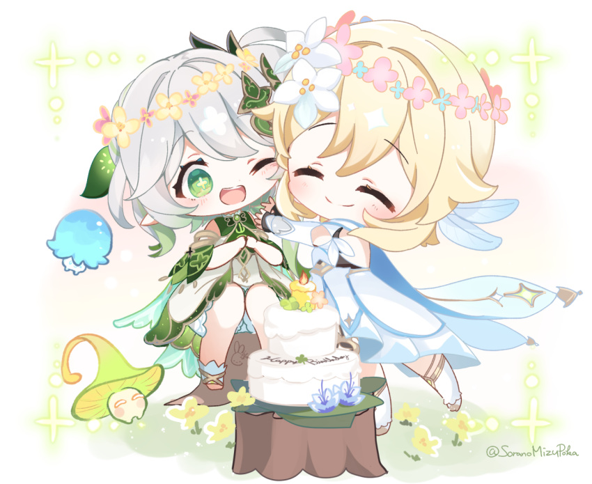 2girls ;d ^_^ bangs birthday_cake blonde_hair cake cape chibi closed_eyes commentary_request detached_sleeves dress feather_hair_ornament feathers flower food fungi_(genshin_impact) genshin_impact gradient_hair green_eyes hair_between_eyes hair_flower hair_ornament head_wreath hoshiusagi_no_chloe hug long_hair long_sleeves looking_at_another lumine_(genshin_impact) multicolored_hair multiple_girls nahida_(genshin_impact) one_eye_closed short_hair short_hair_with_long_locks short_sleeves side_ponytail sidelocks sitting sitting_on_tree_stump smile symbol-shaped_pupils tree_stump twitter_username white_dress white_hair