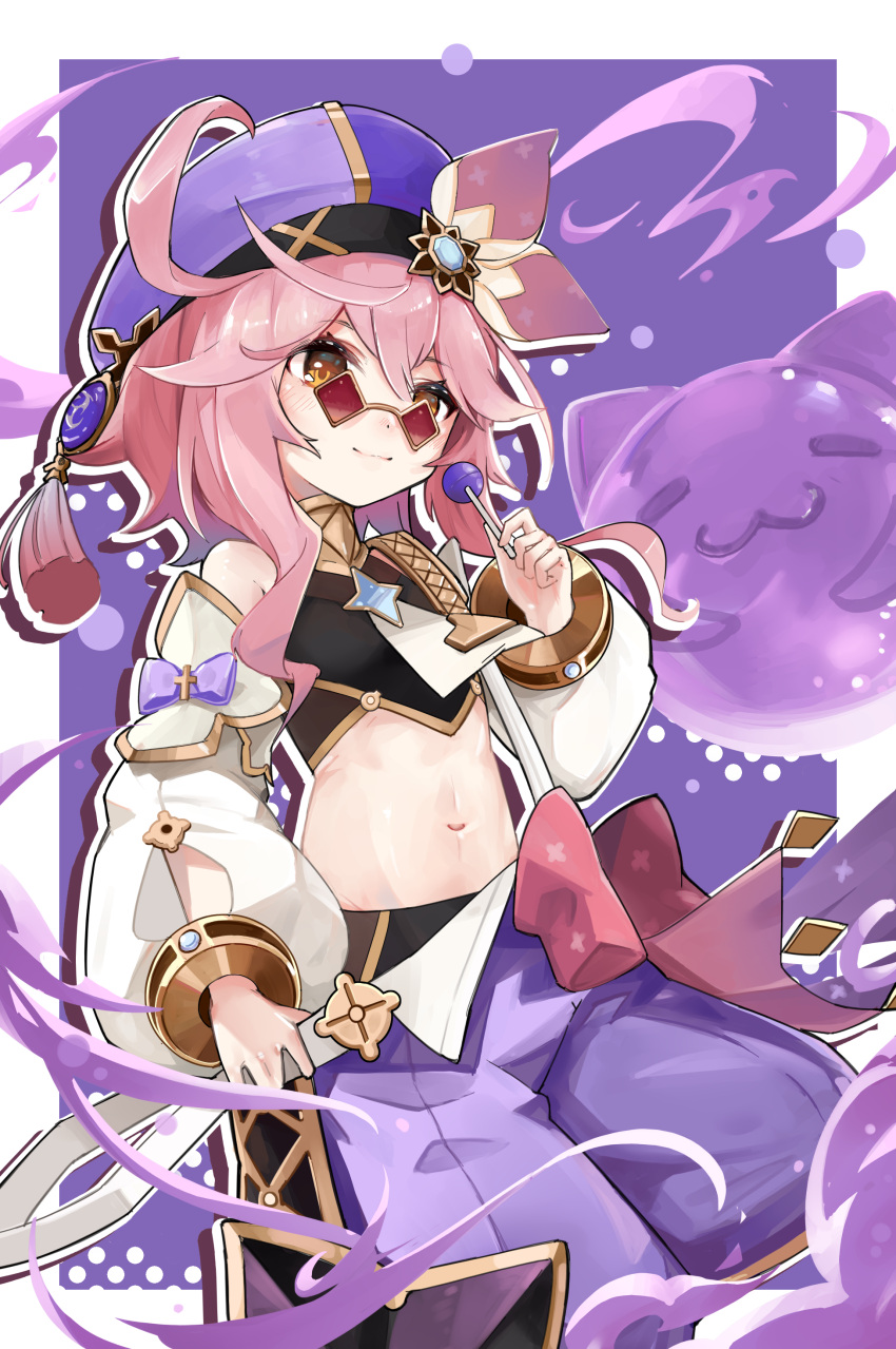 1767670605 1girl absurdres bangs brown_eyes candy chupa_chups commentary_request detached_sleeves dori_(genshin_impact) food genshin_impact hair_between_eyes hat_ornament highres holding jinni_(genshin_impact) lollipop long_sleeves looking_away navel pink_hair puffy_detached_sleeves puffy_shorts puffy_sleeves short_hair short_hair_with_long_locks shorts sidelocks simple_background smile stomach sunglasses vision_(genshin_impact)