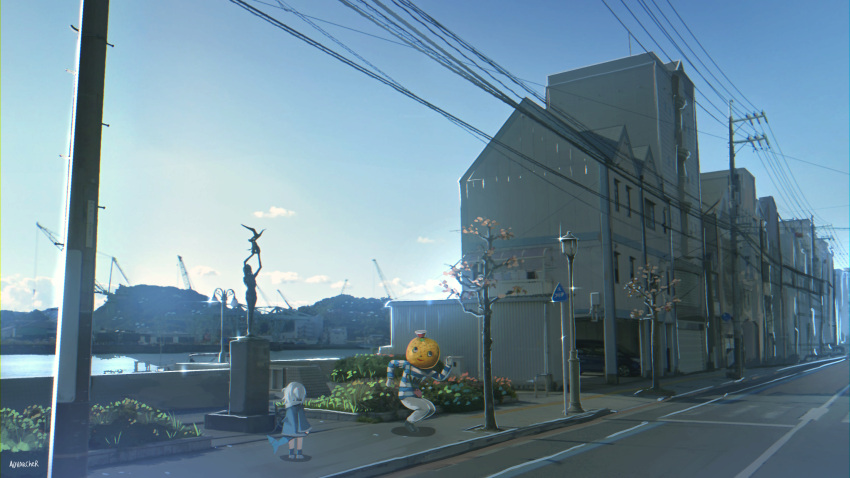 1girl advarcher architecture car character_request fish_tail full_body gawr_gura ground_vehicle harbor highres hololive hololive_english japan medium_hair motor_vehicle outdoors power_lines scenery shark_girl shark_tail statue tail tree two_side_up utility_pole virtual_youtuber white_hair