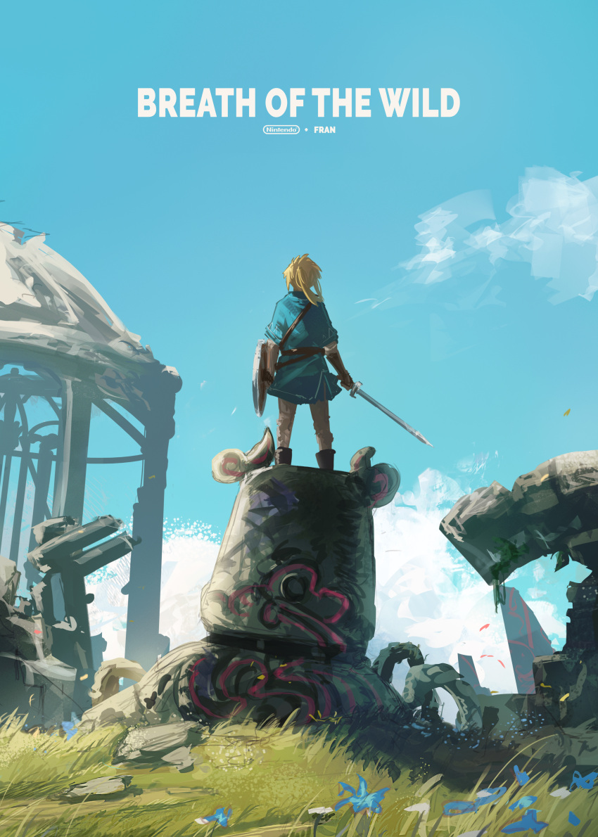 absurdres blonde_hair blue_sky blue_tunic boots copyright_name day facing_away flower franlol gloves grass highres holding holding_shield holding_sword holding_weapon knee_boots link male_focus master_sword medium_hair outdoors pants ponytail ruins scenery shield sky solo stone sword the_legend_of_zelda the_legend_of_zelda:_breath_of_the_wild tunic weapon white_pants