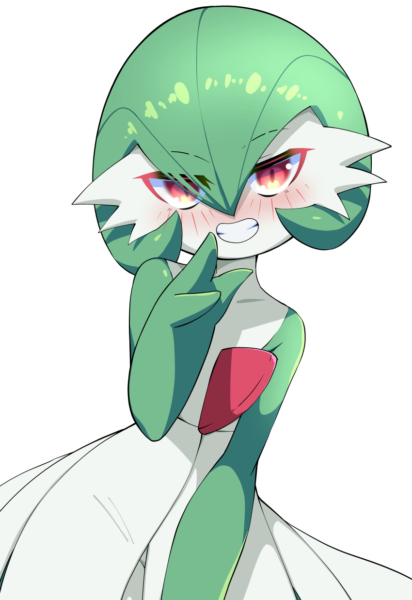 1girl absurdres blush colored_skin fewer_digits gardevoir green_hair grin hand_up highres looking_at_viewer oppaihobby pokemon pokemon_(creature) red_eyes simple_background smile solo white_background white_skin