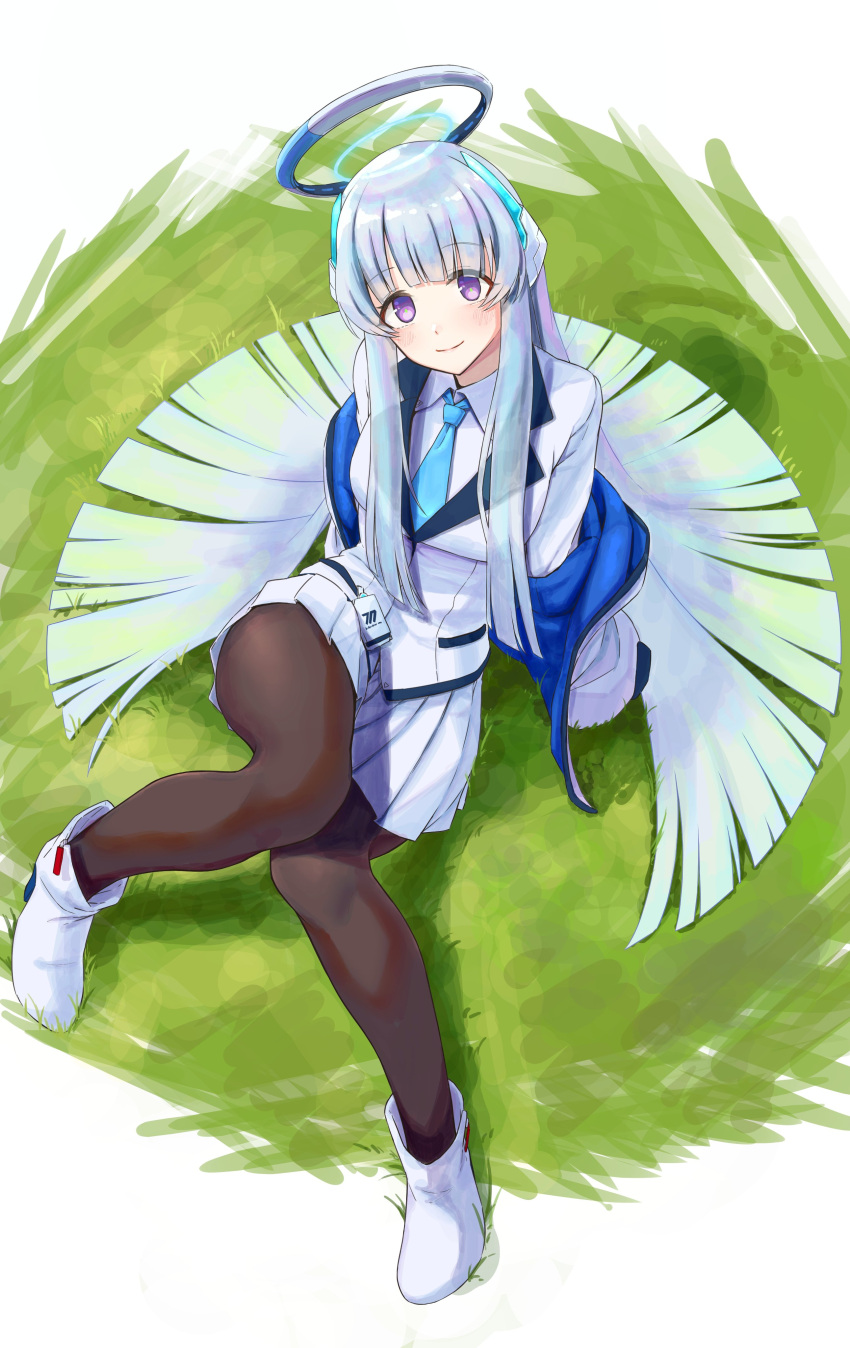 1girl absurdres arm_support bangs black_pantyhose blue_archive blunt_bangs coat collared_shirt commentary_request from_above full_body grey_hair halo headgear highres id_card kaiso_(kaisooekaki) knees_up long_hair long_sleeves looking_at_viewer looking_up necktie noa_(blue_archive) pantyhose pleated_skirt school_uniform shirt sidelocks simple_background sitting skirt smile solo violet_eyes white_coat