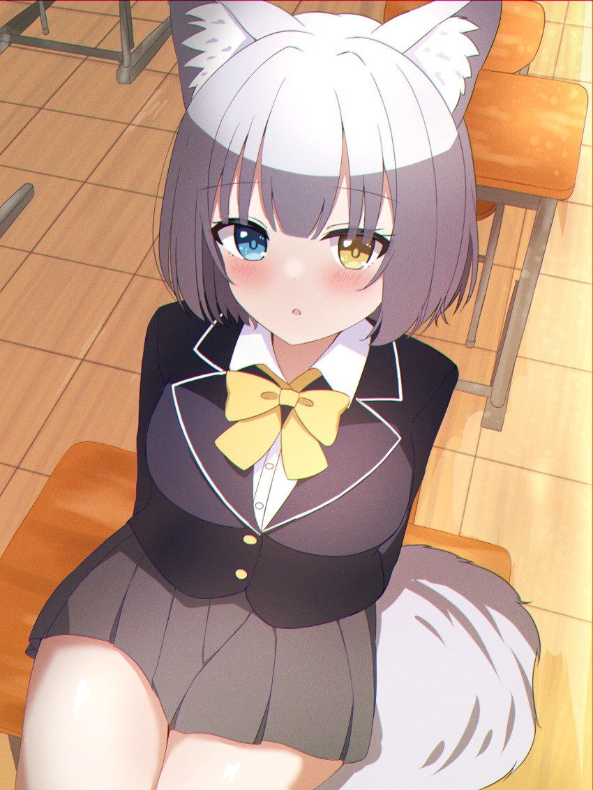 1girl :o animal_ear_fluff animal_ears ashitaba_kemo bangs black_jacket blazer blue_eyes blush bow chair collared_shirt commentary_request desk dress_shirt grey_skirt heterochromia highres indoors jacket looking_at_viewer on_desk original parted_lips pleated_skirt school_chair school_desk school_uniform shirt sitting skirt solo tail tile_floor tiles white_shirt yellow_bow yellow_eyes