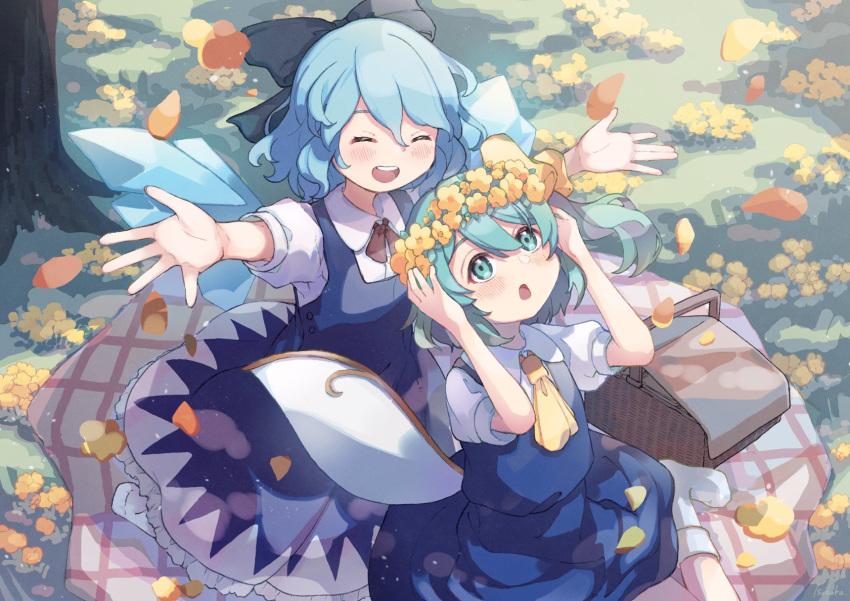 2girls :d :o ascot black_bow blue_dress blue_hair blue_skirt blue_vest blush bow cirno closed_eyes collared_shirt commission daiyousei detached_wings dress fairy_wings falling_petals flower flower_wreath grass green_eyes green_hair hair_bow hands_up head_wreath highres ice ice_wings medium_hair multiple_girls neckerchief open_hands open_mouth outdoors outstretched_arms petals picnic_basket puffy_short_sleeves puffy_sleeves red_neckerchief shirt short_sleeves skeb_commission skirt sleeve_cuffs smile socks sudoka teeth touhou tree upper_teeth vest white_shirt white_socks wings yellow_ascot yellow_bow yellow_flower