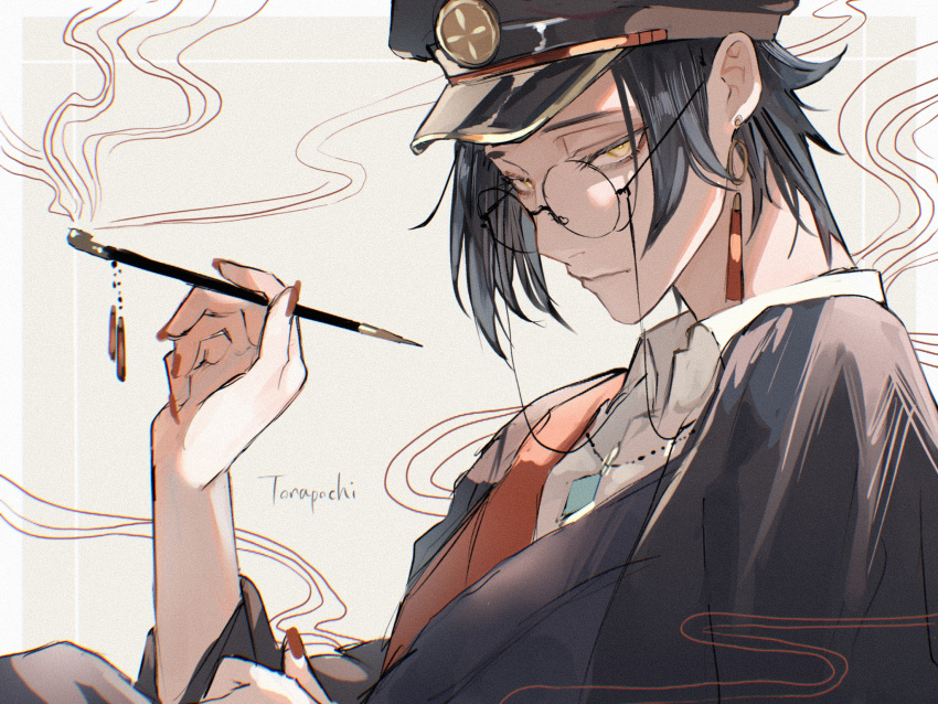 1boy bishounen earrings eyewear_strap glasses highres holding holding_smoking_pipe jewelry looking_at_viewer male_focus red_nails rimless_eyewear round_eyewear smoke smoking_pipe solo tassel tassel_earrings torapochi3 yellow_eyes
