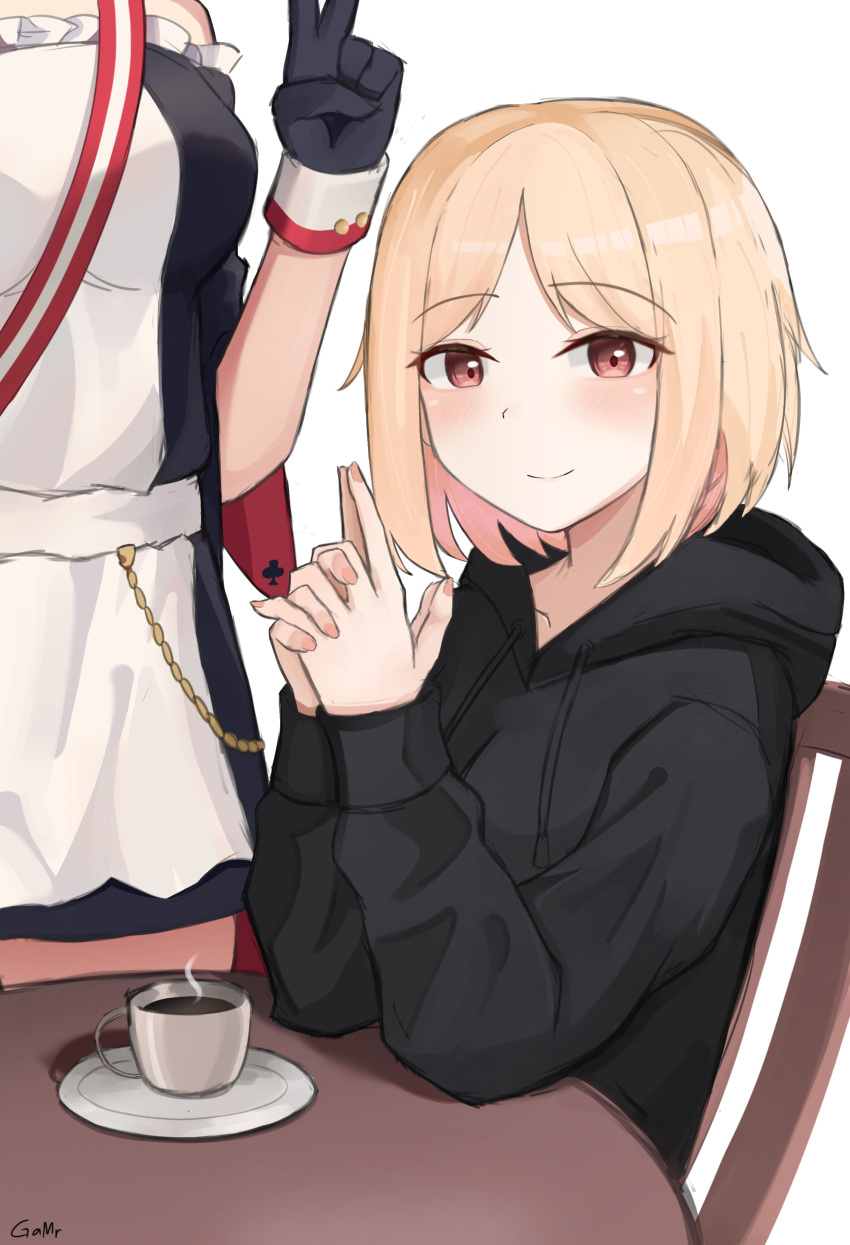 2girls absurdres artist_name bare_shoulders black_jacket blonde_hair breasts brown_eyes chair coffee coffee_cup commission cup detached_sleeves disposable_cup gamryous girls_frontline gloves highres hood hood_down jacket long_sleeves looking_at_viewer mp40_(girls'_frontline) multiple_girls non-web_source official_alternate_costume own_hands_clasped own_hands_together plate short_hair simple_background smile sv-98_(waitress)_(girls'_frontline) table
