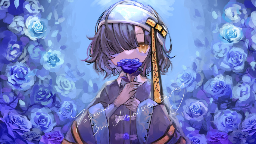 1girl bags_under_eyes bangs black_hair blue_flower blue_rose flower harunohotaru highres holding indie_virtual_youtuber jiangshi looking_at_viewer medium_hair one_eye_covered rose solo stitches upper_body virtual_youtuber yellow_eyes yosumi_(vtuber)