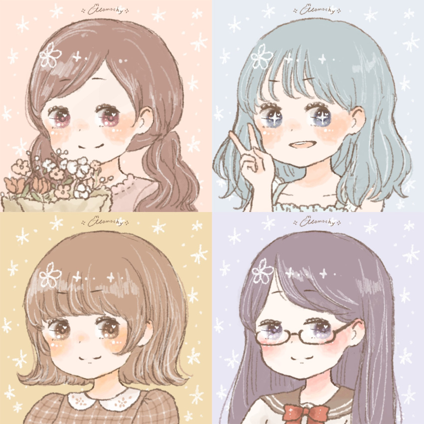 +_+ 4girls aqua_eyes artist_name bangs black-framed_eyewear blue_dress blue_hair blunt_bangs blush borrowed_character bouquet brown_eyes brown_hair brown_shirt casual chibi collar collared_shirt dress flower frilled_shirt frills glasses grey_sailor_collar hair_flower hair_ornament hanasaki_tsubomi heartcatch_precure! highres kurumi_erika light_blue_background light_blue_hair long_hair looking_to_the_side low_twintails medium_hair momochy multiple_girls myoudouin_itsuki no_bangs open_mouth orange_background pastel_colors pink_background pink_shirt plaid plaid_shirt portrait precure purple_hair red_ribbon ribbon sailor_collar semi-rimless_eyewear shirt short_hair signature sleeveless sleeveless_dress smile star_(symbol) tsukikage_yuri twintails two-tone_shirt under-rim_eyewear v violet_eyes white_collar yellow_background