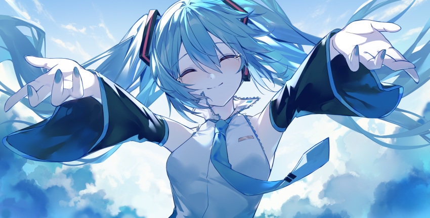 1girl aqua_eyes aqua_hair aqua_nails bare_shoulders closed_eyes clouds cloudy_sky collared_shirt detached_sleeves hair_ornament hatsune_miku headphones highres long_hair nail_polish necktie outstretched_arms project_diva_(series) shirt sky smile tears twintails very_long_hair vocaloid zhong_chai