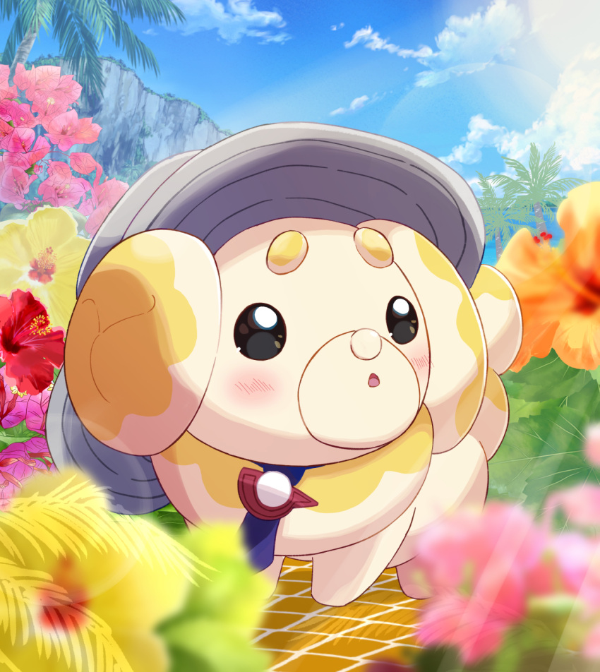 :o black_eyes blurry blush clouds commentary_request day fidough flower grey_headwear haru_(haruxxe) hat hatted_pokemon highres looking_to_the_side no_humans outdoors palm_tree pink_flower pokemon pokemon_(creature) sky solo standing tree