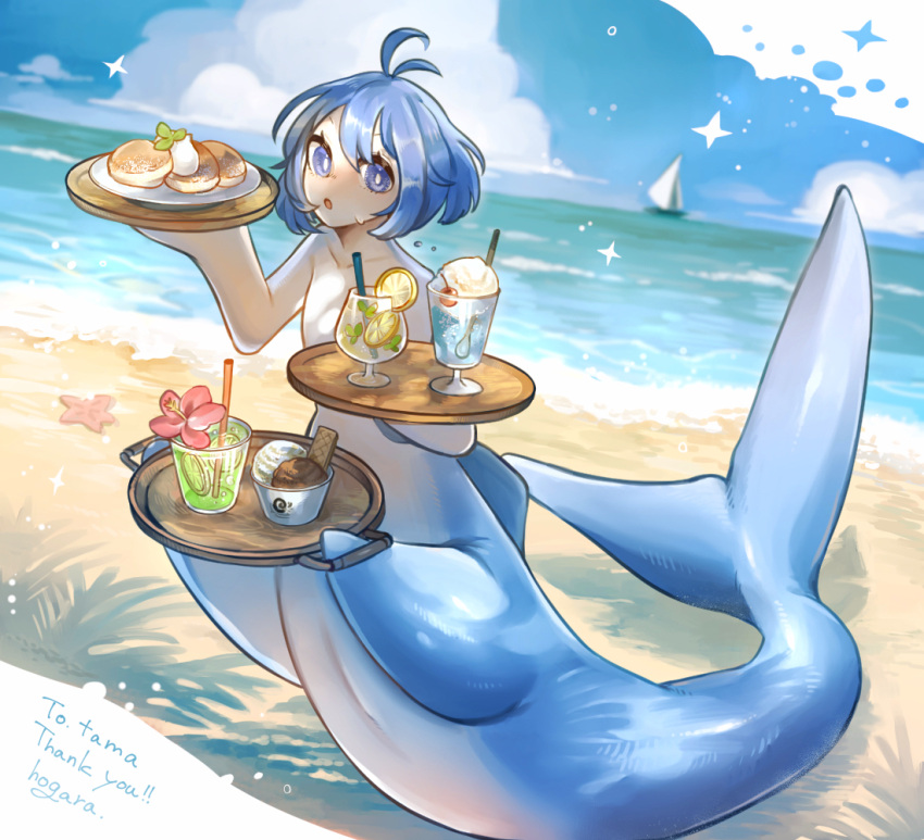1girl :o antenna_hair beach blue_eyes blue_hair blue_skin blue_sky boat bright_pupils clouds colored_skin commission cup dolphin_girl drinking_glass english_text fins food full_body hands_up hogara holding holding_food holding_tray ice_cream lemonade looking_at_viewer monster_girl multicolored_skin ocean open_mouth original outdoors pancake sailboat shore short_hair skeb_commission sky solo souffle_pancake sparkle starfish sweat taur tray watercraft white_pupils wine_glass