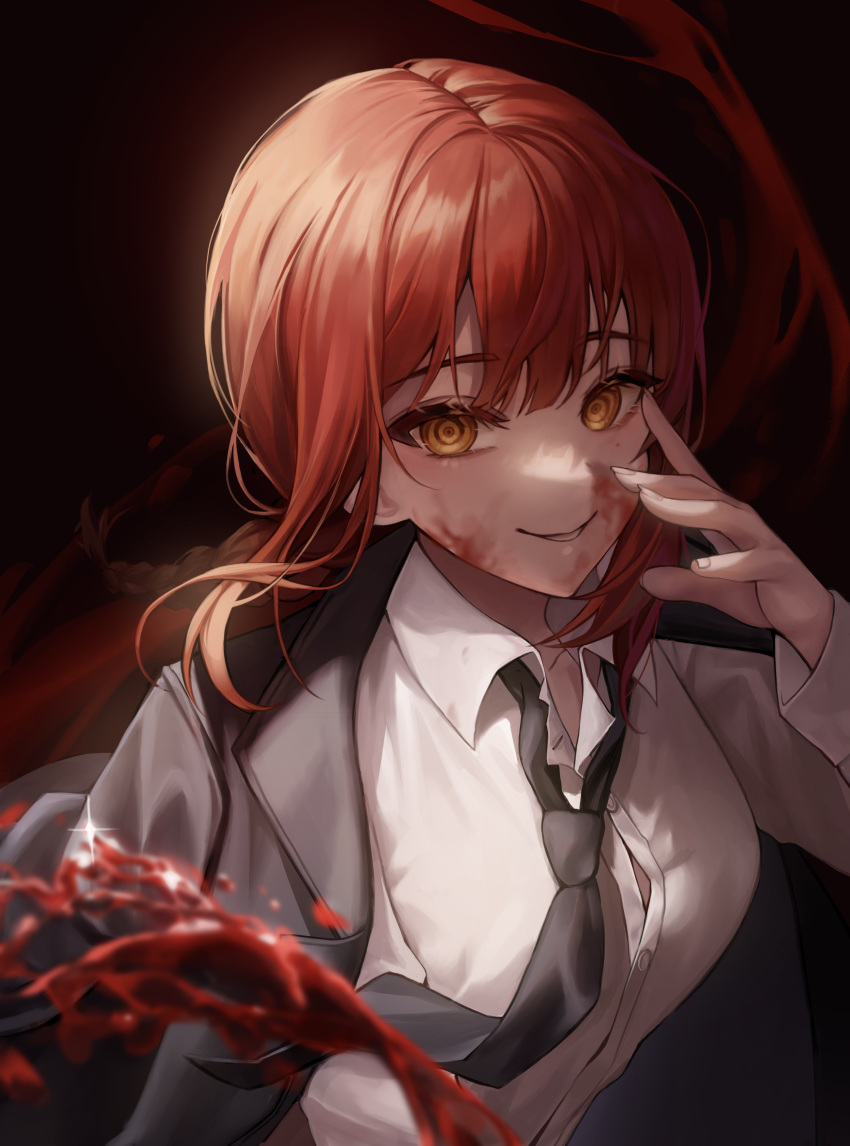 1girl 1yu_x absurdres bangs black_background black_jacket black_necktie blood blood_on_face braid braided_ponytail breasts chainsaw_man collared_shirt commentary evil_grin evil_smile formal grin hand_on_own_face highres jacket long_hair long_sleeves looking_at_viewer loose_necktie makima_(chainsaw_man) medium_breasts necktie open_clothes open_jacket open_mouth redhead ringed_eyes shirt sidelocks simple_background smile solo suit upper_body white_shirt yellow_eyes