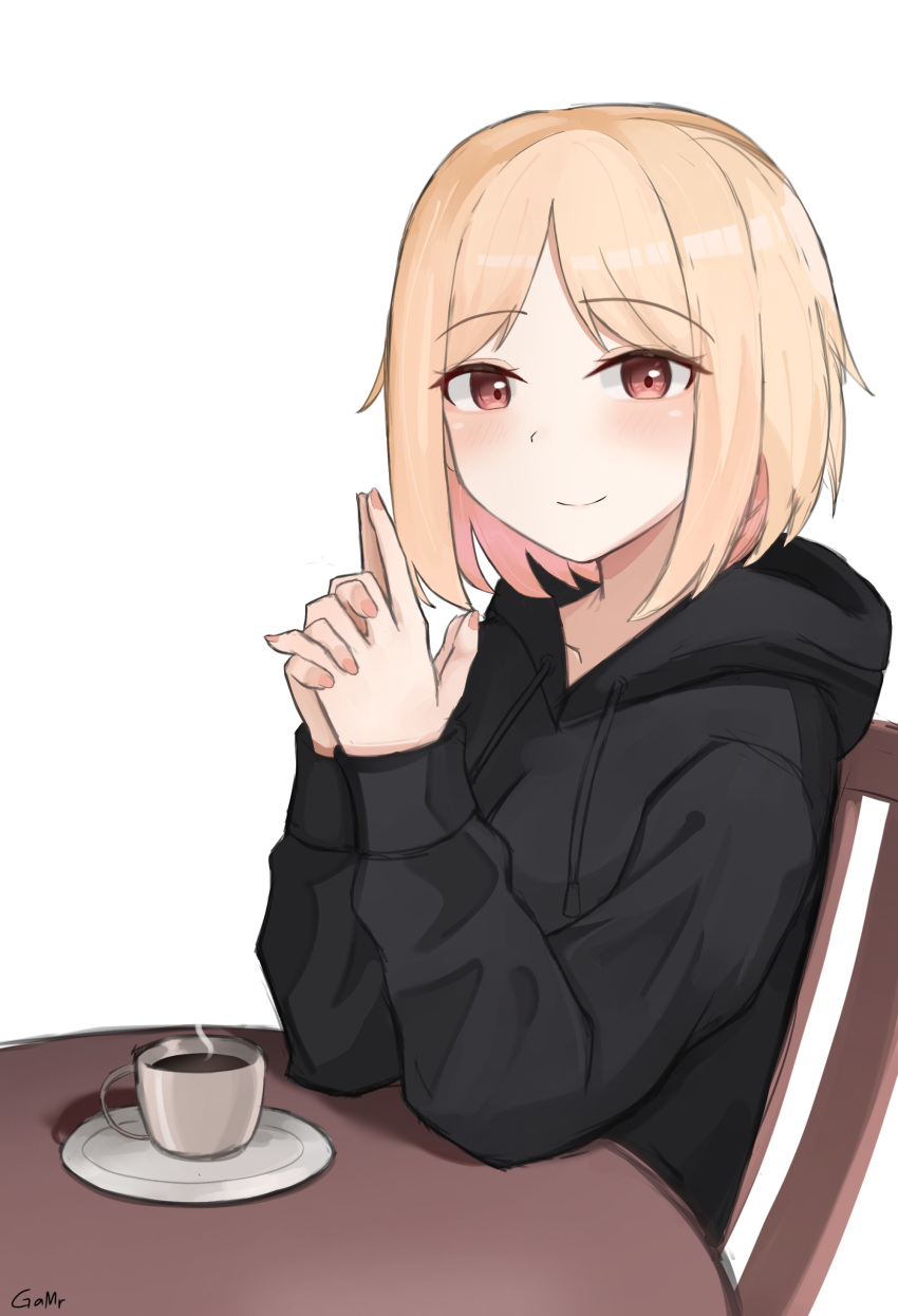 1girl absurdres artist_name black_jacket blonde_hair breasts brown_eyes chair coffee coffee_cup commission cup disposable_cup gamryous girls_frontline highres hood hood_down jacket long_sleeves looking_at_viewer mp40_(girls'_frontline) non-web_source own_hands_clasped own_hands_together plate short_hair simple_background smile table