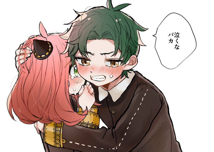 1boy 1girl absurdres anya_(spy_x_family) bangs blush child crying damian_desmond eden_academy_uniform female_child green_eyes green_hair hairpods hand_on_another's_head highres hug long_sleeves male_child ollitk123 parted_bangs pink_hair school_uniform simple_background spy_x_family sweatdrop tears translated white_background yellow_eyes