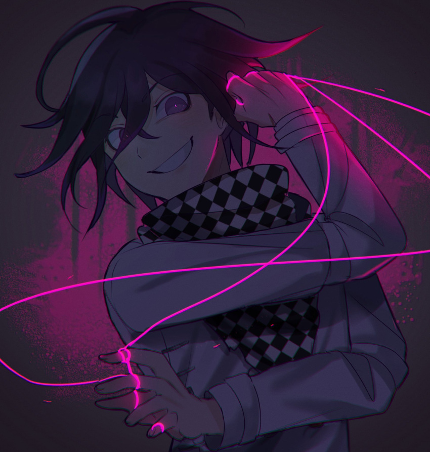 1boy bangs black_hair blood checkered_clothes checkered_scarf danganronpa_(series) danganronpa_v3:_killing_harmony grey_jacket grin hair_between_eyes hand_up highres jacket long_sleeves looking_at_viewer male_focus messy_hair ouma_kokichi pink_blood pink_hair scarf smile solo squiddy_t string teeth upper_body violet_eyes