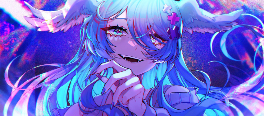 +_+ 1girl bangs blue_eyes blue_hair blush elira_pendora fangs film_grain fingernails grey_overalls hair_ornament hair_over_one_eye hairclip hand_up head_wings heterochromia highres long_hair long_sleeves looking_to_the_side nail_polish neon_palette nijisanji nijisanji_en off_shoulder one_eye_covered open_mouth overalls savi_(byakushimc) sharp_fingernails smile smirk solo sparkling_eyes sweater violet_eyes virtual_youtuber white_sweater