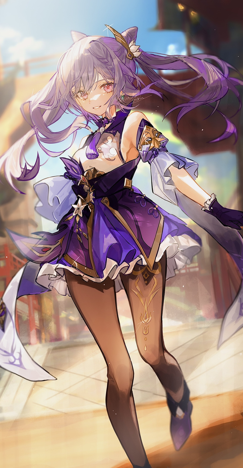 1girl absurdres bangs bare_shoulders blurry braid brown_pantyhose cone_hair_bun day depth_of_field detached_sleeves double_bun floating_hair foot_out_of_frame frilled_skirt frilled_sleeves frills genshin_impact glint gloves grin hair_bun high-waist_skirt highres keqing_(genshin_impact) long_hair neck_tassel outdoors pantyhose purple_footwear purple_gloves purple_hair purple_skirt shirt sidelocks signature skirt sleeveless sleeveless_shirt smile solo tassel_choker twintails utsuhostoria white_shirt wide_sleeves
