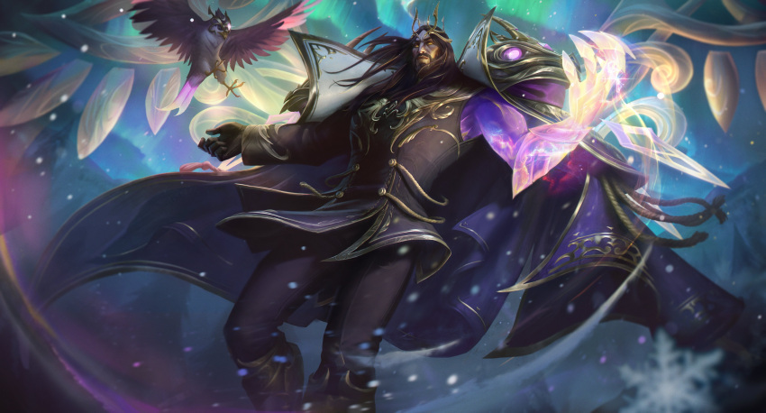 1boy absurdres animal bangs beard beatrice_(league_of_legends) bird black_gloves black_hair black_jacket black_pants cape facial_hair feet_out_of_frame gloves glowing glowing_arm highres jacket league_of_legends long_hair long_sleeves male_focus official_alternate_costume official_art pants parted_bangs purple_cape single_glove snow snowing solo swain_(league_of_legends) tree winterblessed_swain