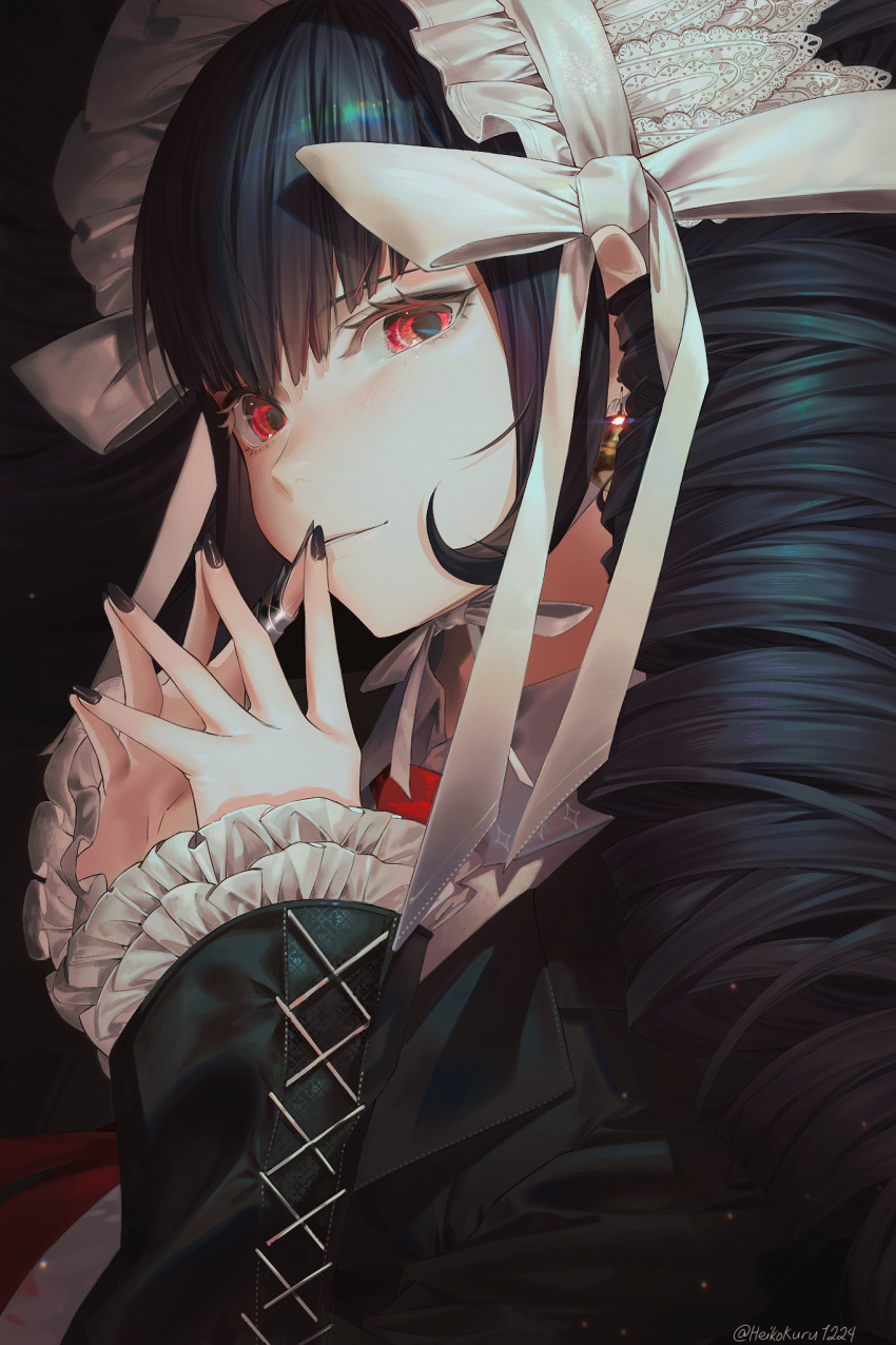 1girl bangs black_hair black_nails bonnet celestia_ludenberg claw_ring commentary danganronpa:_trigger_happy_havoc danganronpa_(series) drill_hair earrings frills gothic_lolita heikokuru1224 highres jacket jewelry lolita_fashion long_hair long_sleeves looking_at_viewer nail_polish necktie red_eyes red_necktie smile solo steepled_fingers twin_drills twintails upper_body