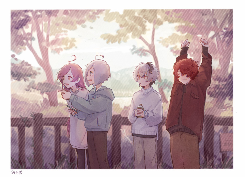 2boys 2girls :i ahoge arms_up blue_hoodie bottle brown_jacket brown_pants closed_eyes commentary flower_(vocaloid) flower_(vocaloid4) fukase highres holding holding_bottle holding_phone hood hoodie jacket leaning_forward mi_no_take multiple_boys multiple_girls outdoors outstretched_arms pants phone pink_eyes pink_hair pointing purple_hair red_eyes redhead sf-a2_miki short_hair standing stretching sweater symbol-only_commentary tree utatane_piko vocaloid white_hair white_sweater wooden_railing