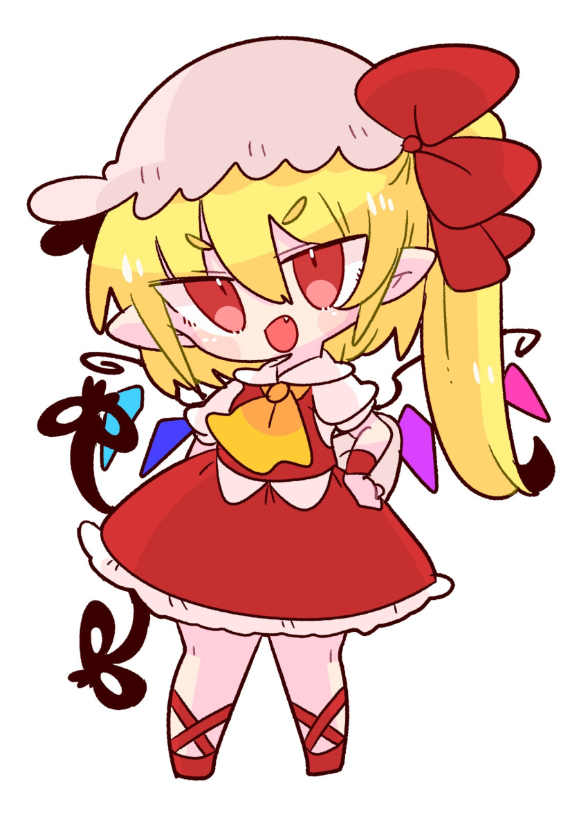 1girl ascot back_bow blonde_hair bow collared_shirt crystal fang flandre_scarlet frilled_skirt frills hat hat_ribbon highres laevatein_(touhou) mary_janes medium_hair mob_cap one_side_up op_na_yarou puffy_short_sleeves puffy_sleeves red_eyes red_footwear red_ribbon red_skirt red_vest ribbon shirt shoes short_sleeves siblings side_ponytail simple_background sisters skirt skirt_set smile solo touhou vest white_background white_bow white_headwear white_shirt wings wrist_cuffs yellow_ascot