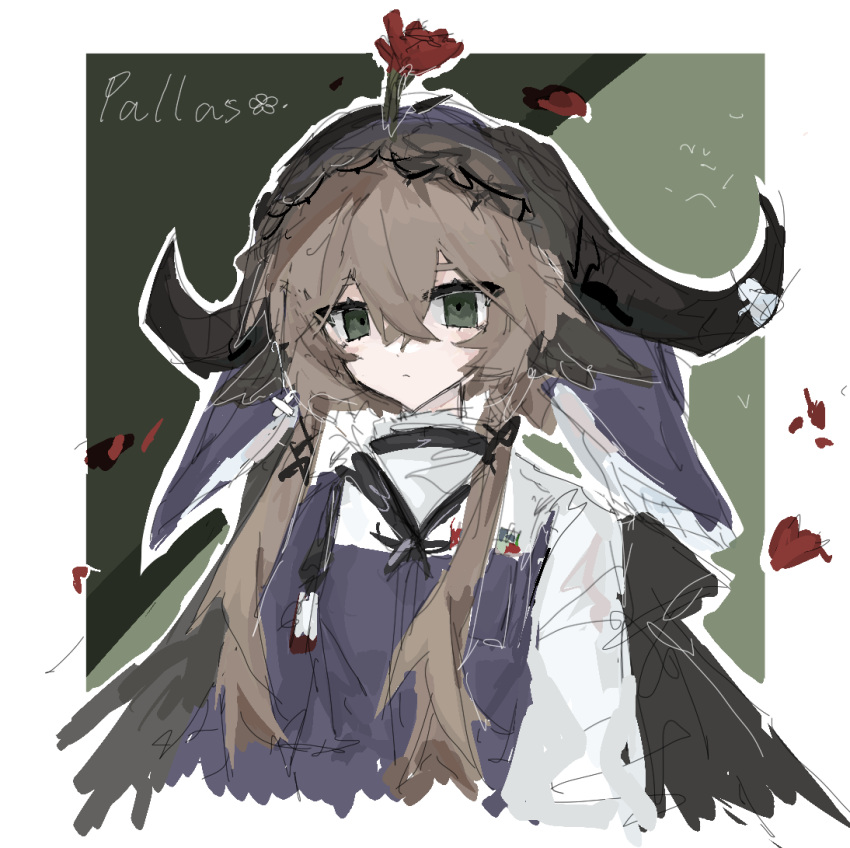 1girl arknights bangs brown_hair character_name closed_mouth commentary_request cropped_torso dress flower flower_on_head green_eyes hair_between_eyes horns long_hair long_sleeves looking_at_viewer pallas_(arknights) petals purple_dress red_flower red_rose rose shirt sketch solo upper_body very_long_hair white_shirt xunyicao96680