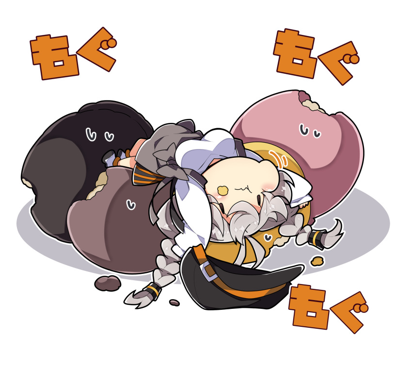 1girl :t bangs black_headwear blush braid breasts cabbie_hat closed_mouth commentary_request eating food food_on_face grey_hair grey_skirt hair_between_eyes hat hat_removed headwear_removed highres in_food kizuna_akari large_breasts long_hair lying milkpanda minigirl on_back puffy_cheeks shadow shirt simple_background skirt solo suspender_skirt suspenders sweat translation_request twin_braids twintails voiceroid wavy_mouth white_background white_shirt |_|