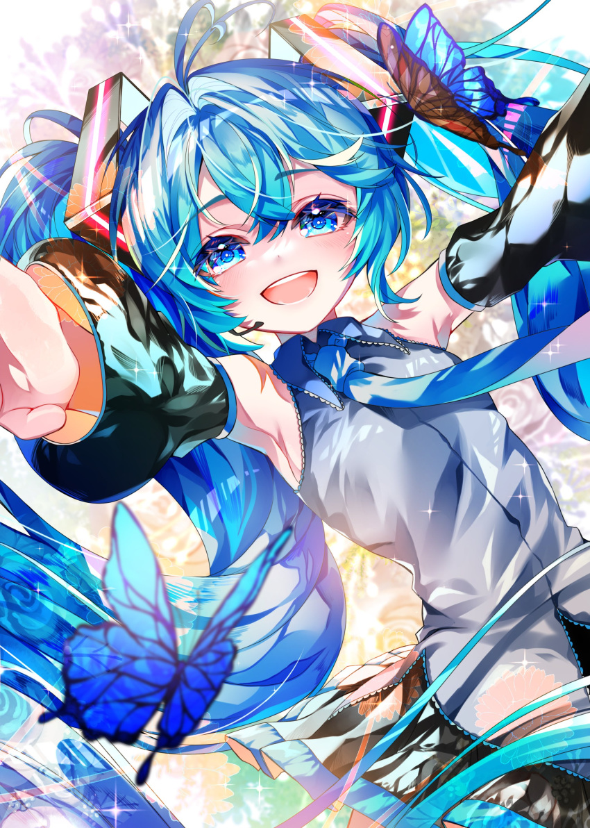 1girl absurdres ahoge armpits bare_shoulders black_skirt black_sleeves blue_butterfly blue_eyes blue_hair blue_necktie bug butterfly commentary cowboy_shot detached_sleeves floating_hair floral_background foreshortening grey_shirt hair_ornament hatsune_miku headset heart heart_ahoge highres long_hair looking_at_viewer miniskirt necktie open_mouth outstretched_arms pleated_skirt shirayuki_towa shirt skirt sleeveless sleeveless_shirt smile solo twintails very_long_hair vocaloid
