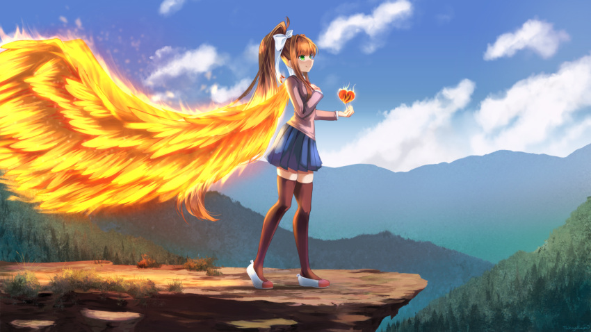 1girl black_thighhighs blue_skirt blue_sky brown_hair clouds commentary commission day doki_doki_literature_club english_commentary fiery_wings forest from_side full_body green_eyes grey_jacket hair_ribbon hand_on_own_chest heart highres jacket large_wings long_hair long_sleeves looking_away monika_(doki_doki_literature_club) mountainous_horizon nature outdoors pleated_skirt ponytail profile ribbon school_uniform shoes sidelocks skirt sky smile solo standing takuyarawr thigh-highs very_long_hair white_ribbon wings zettai_ryouiki
