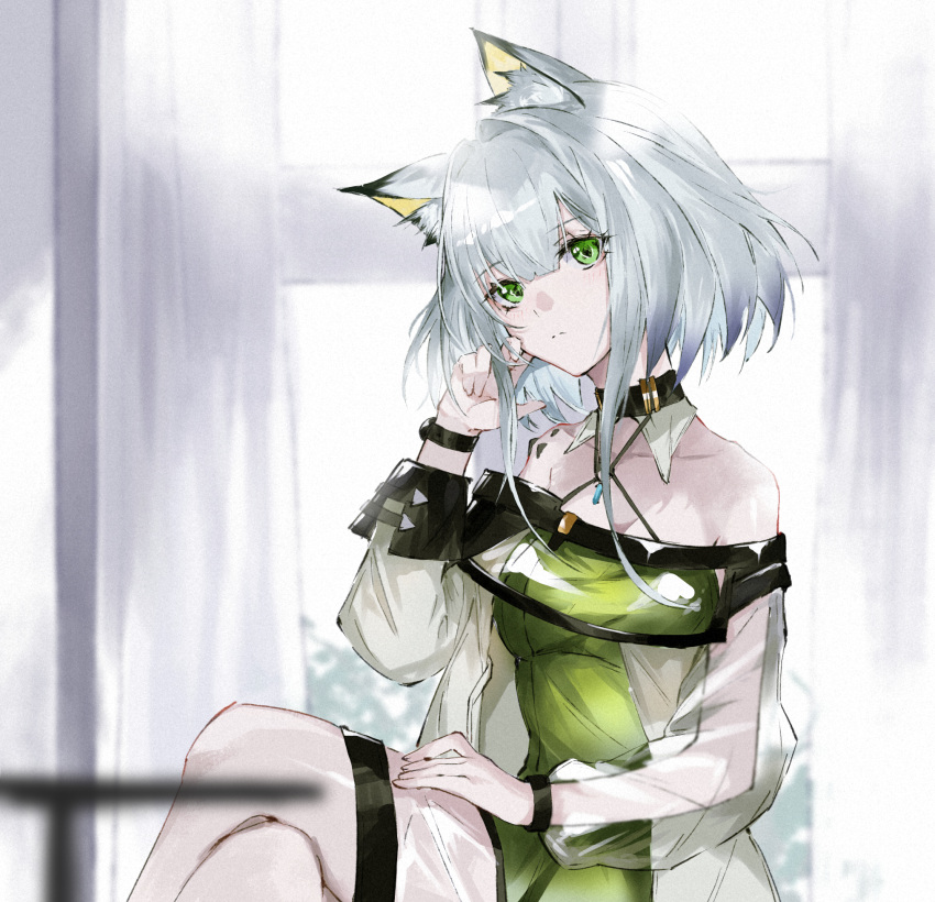 1girl animal_ear_fluff animal_ears arknights bad_anatomy bangs blurry blurry_background blurry_foreground closed_mouth collar collarbone crossed_legs dress green_dress green_eyes hair_between_eyes hand_on_own_face hand_on_own_thigh head_tilt highres kal'tsit_(arknights) light_blush long_sleeves looking_at_viewer lynx_ears medium_hair off-shoulder_dress off_shoulder oripathy_lesion_(arknights) s_4ik4 see-through sitting solo watch watch white_hair window